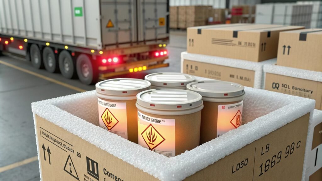 Close-up of solder paste containers with hazard labels in a warehouse setting