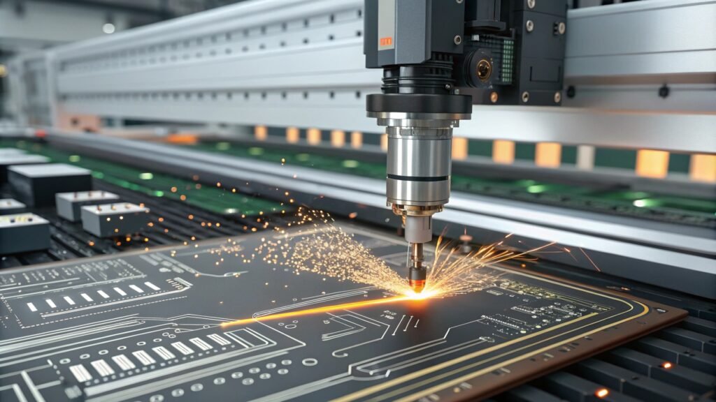 High-precision soldering machine working on a detailed circuit board design.