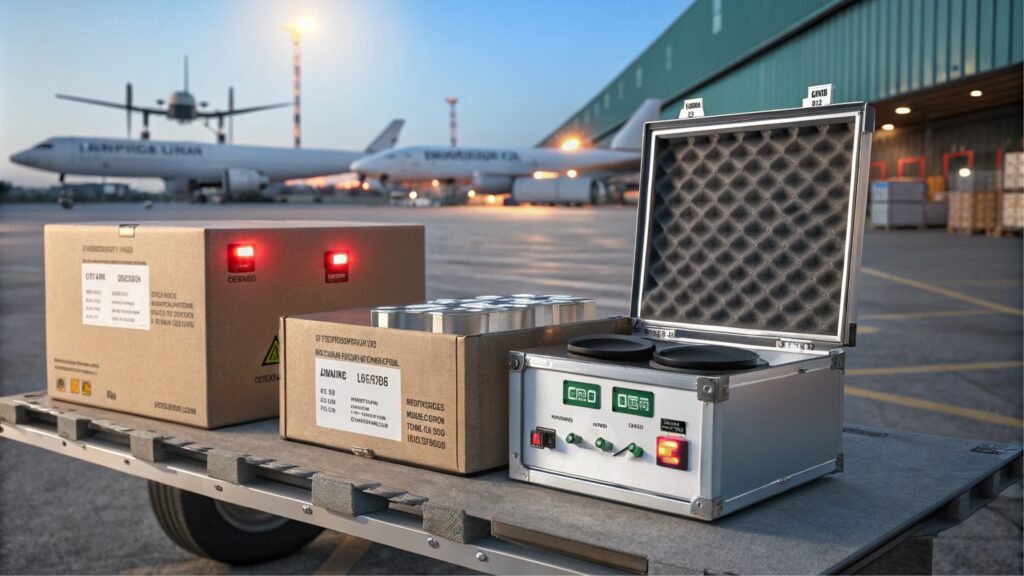 Securely packed solder paste shipments with hazard labels on an airport tarmac at sunset.