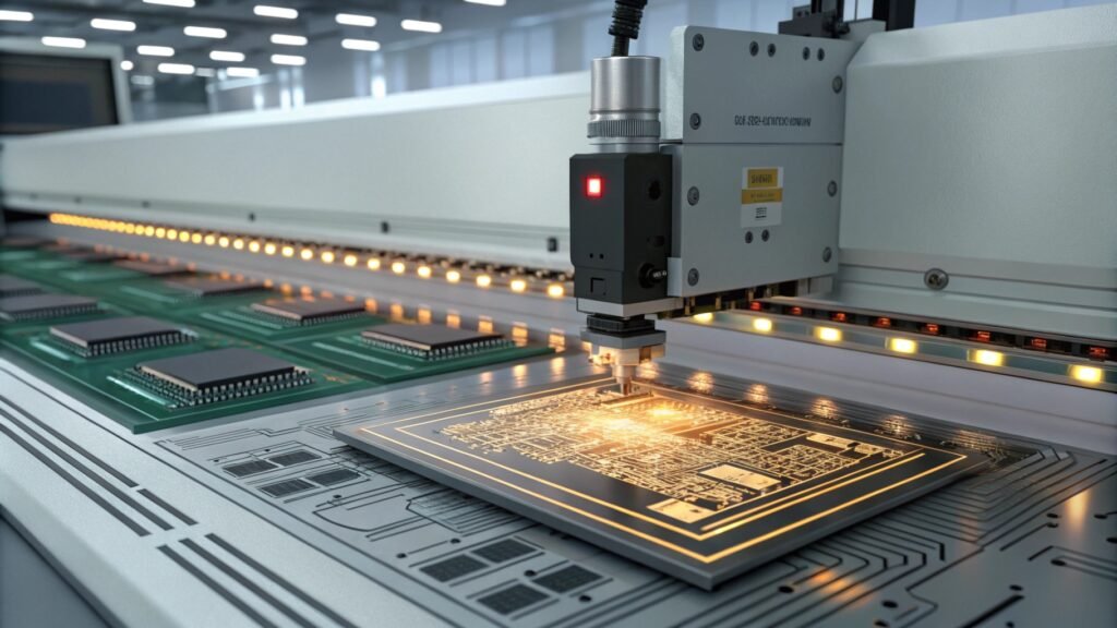 Advanced solder paste printing machine applying precision patterns on circuit boards in a high-tech facility.